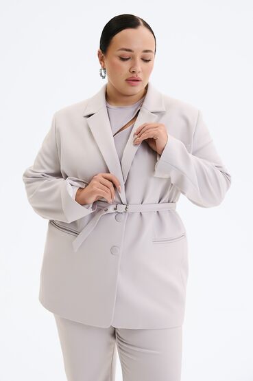 Single-breasted jacket with a belt suit fabric gray plus size #2