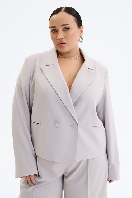 Gray short double-breasted jacket made of suiting fabric plus size