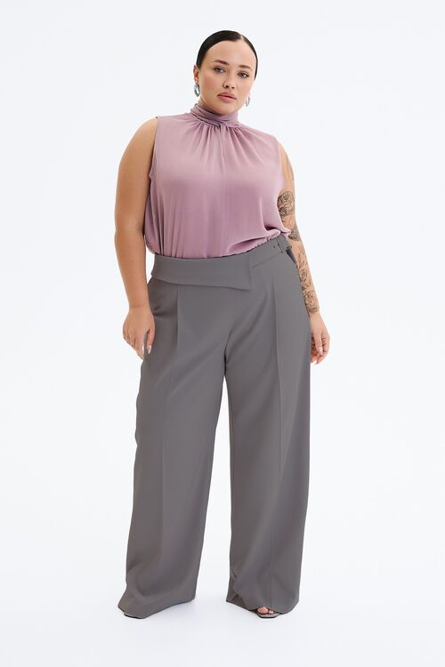 Pants straight with a decorative belt suit gray fabric plus size