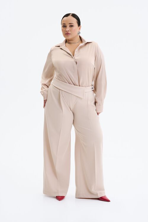 Pants straight with a decorative belt suit beige fabric plus size