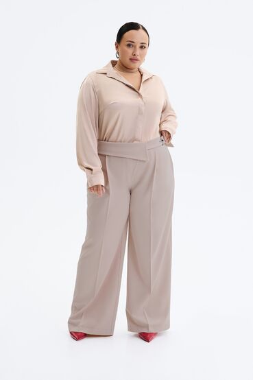 Pants straight with a decorative belt suit beige fabric plus size