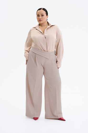 Pants straight with a decorative belt suit beige fabric plus size #2