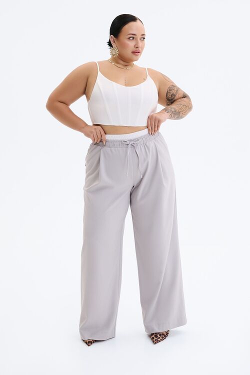 Straight trousers with elastic waistband and drawstrings suit fabric gray plus size