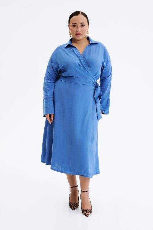 Light blue midi wrap dress made of silk linen plus size