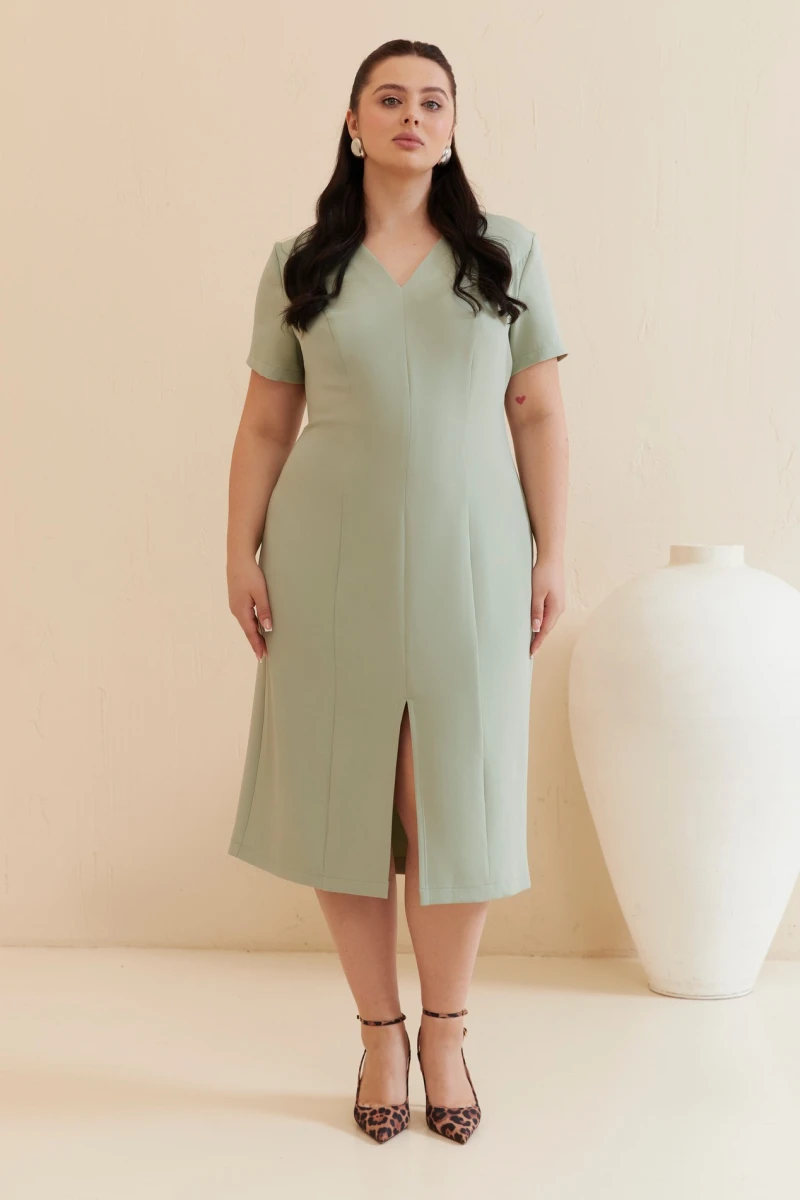 Midi sheath dress with short sleeves suit fabric sage plus size