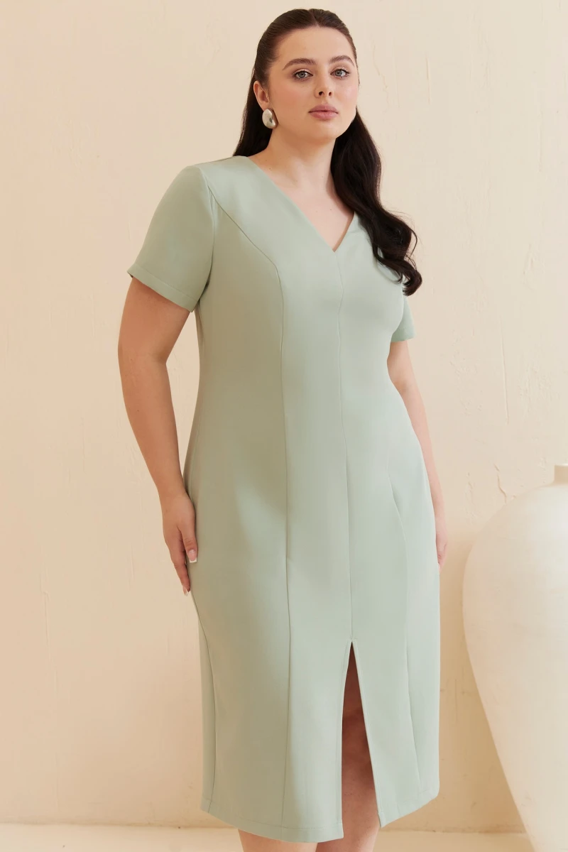 Midi sheath dress with short sleeves suit fabric sage plus size #2