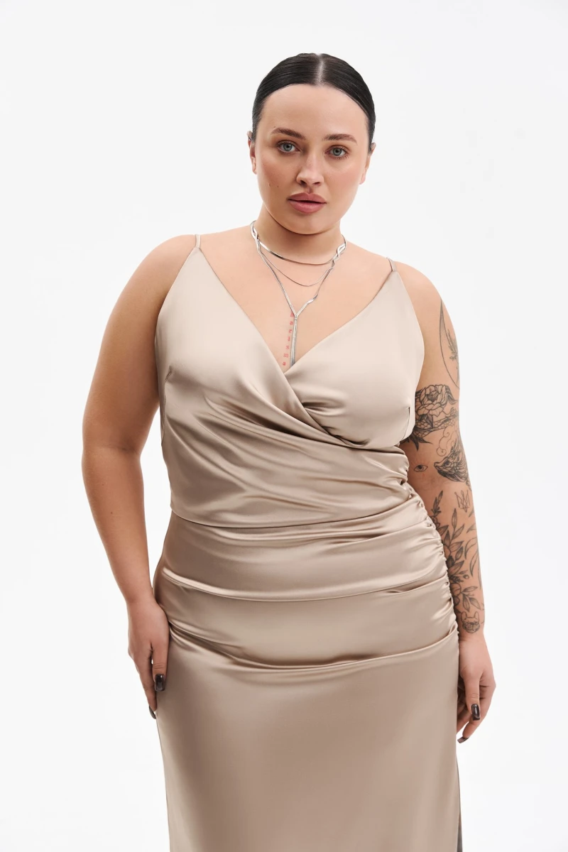 Beige midi dress with thin satin straps plus size