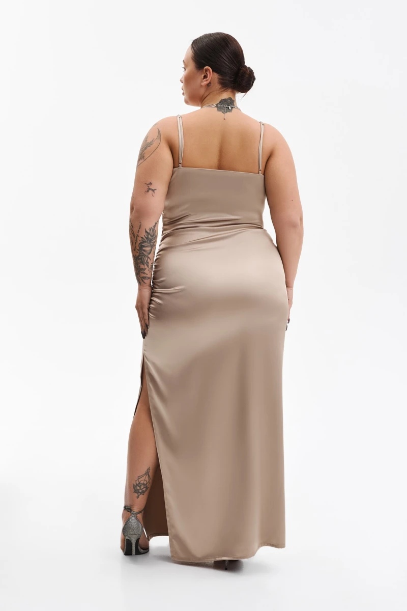 Beige midi dress with thin satin straps plus size