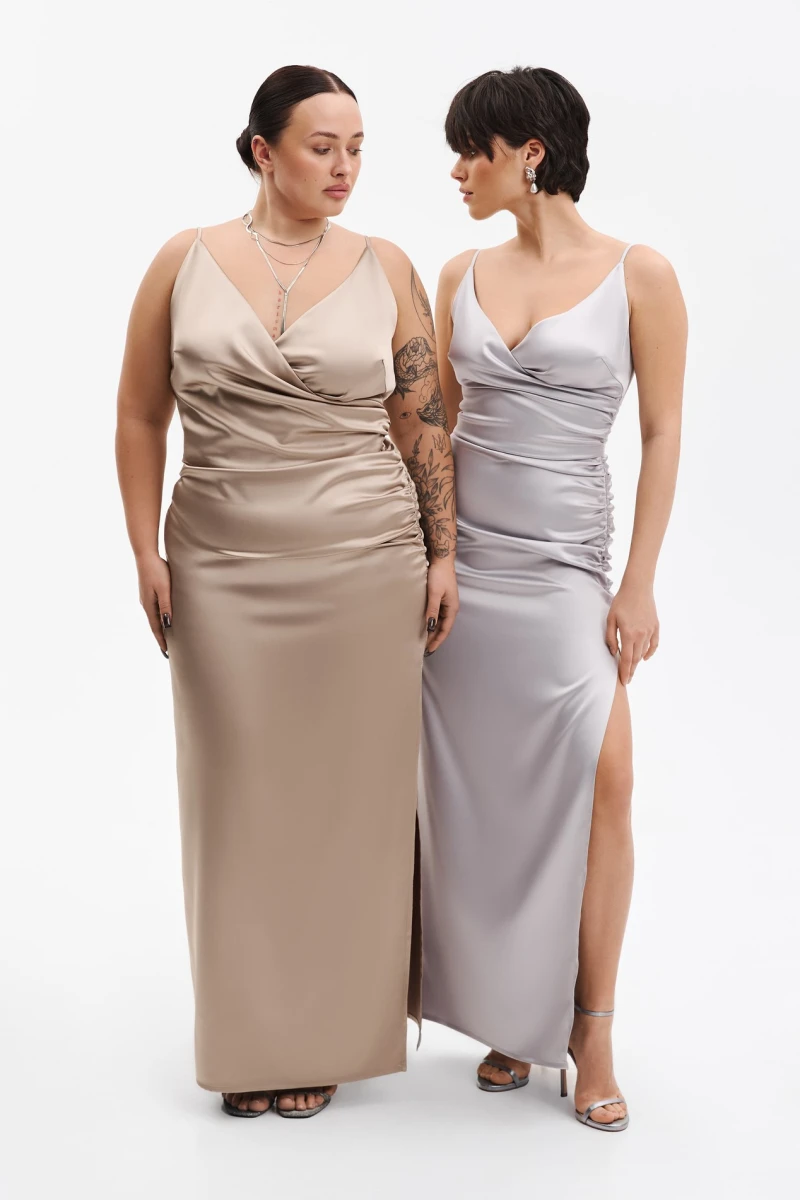 Beige midi dress with thin satin straps plus size