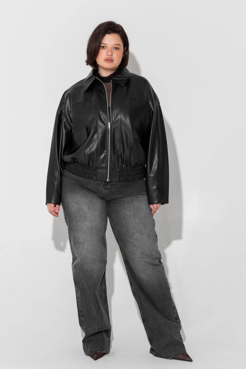 Black eco leather bomber jacket plus size