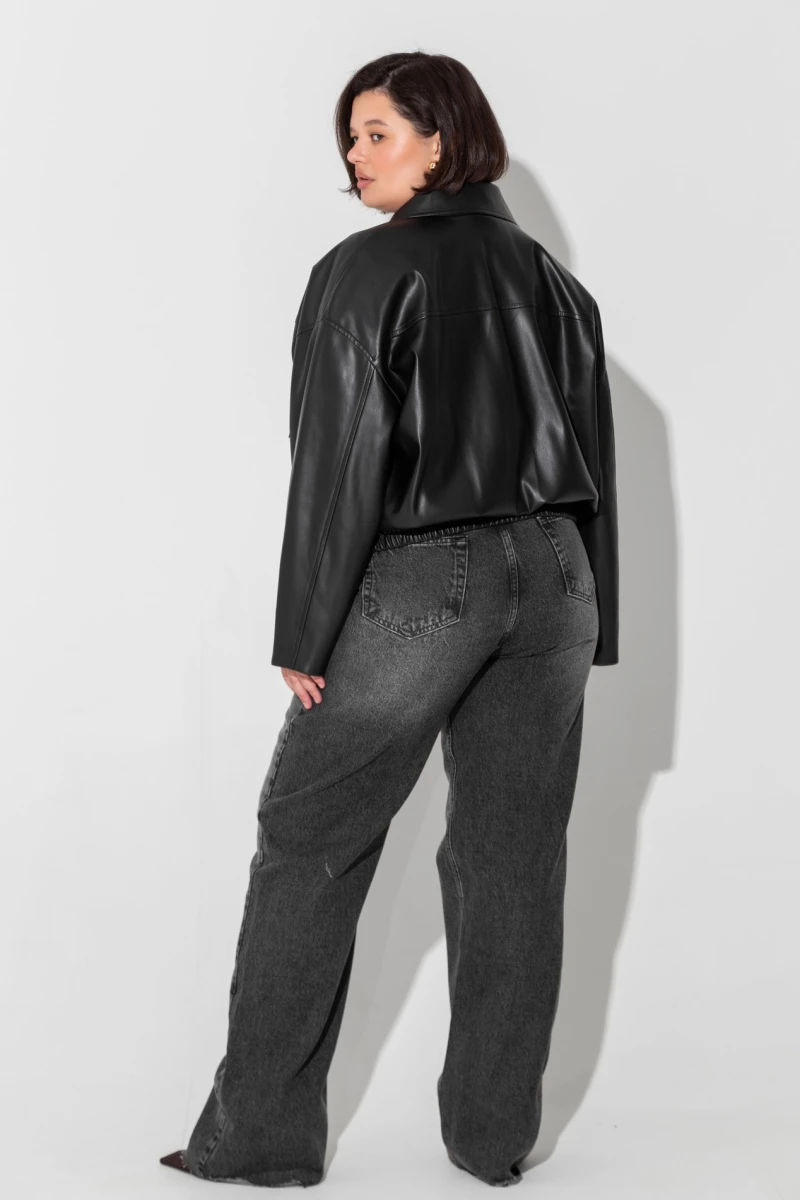 Black eco leather bomber jacket plus size