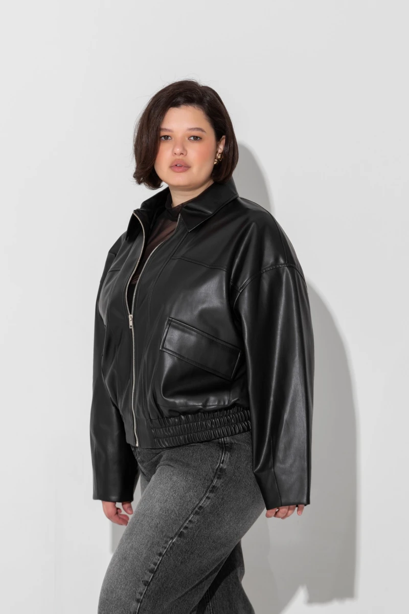 Black eco leather bomber jacket plus size