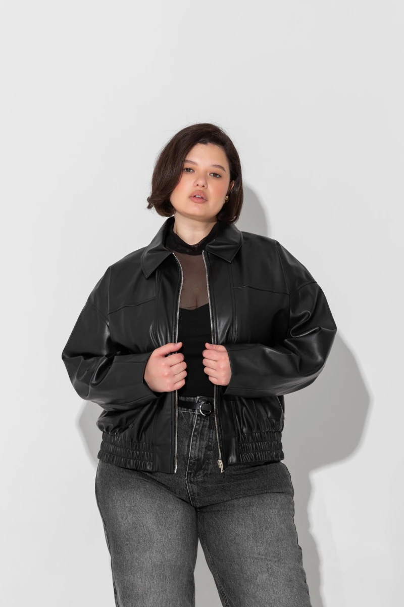 Black eco leather bomber jacket plus size