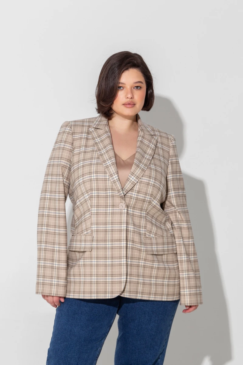 Semi-fitted beige checked jacket plus size