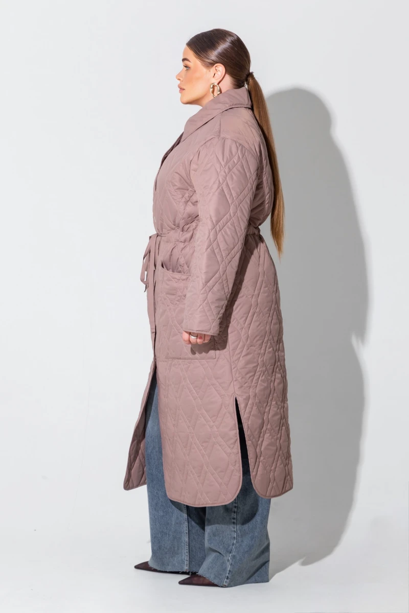 Mocha quilted midi coat jacket plus size