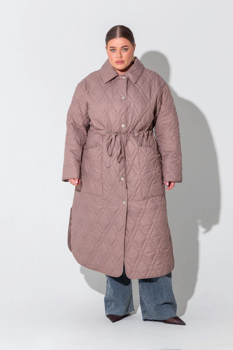 Mocha quilted midi coat jacket plus size