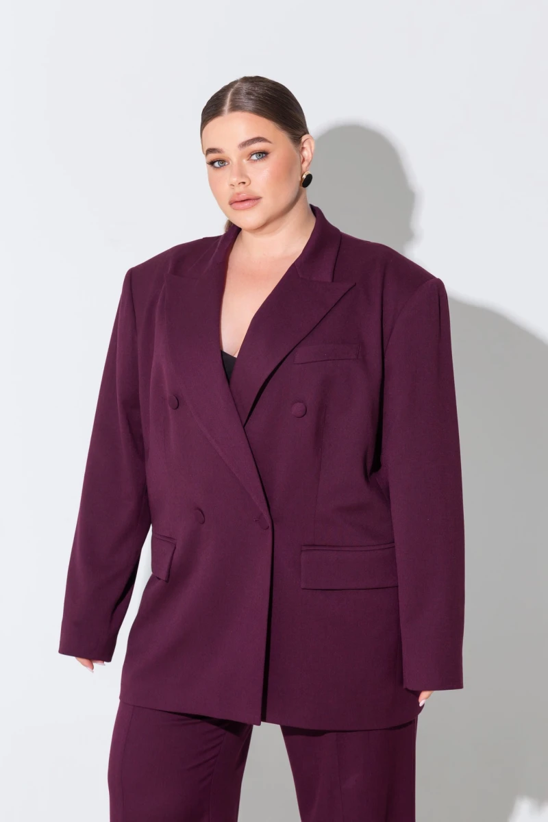 Burgundy double-breasted oversize jacket plus size
