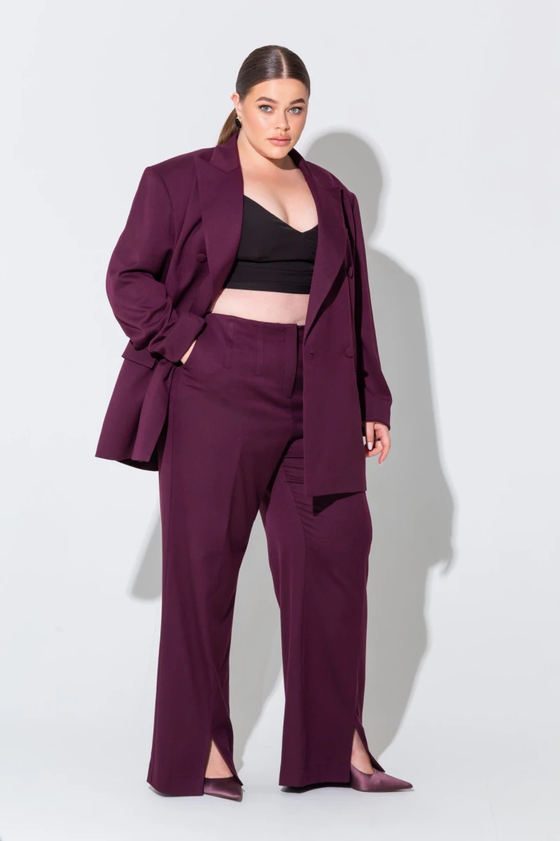 Burgundy double-breasted oversize jacket plus size
