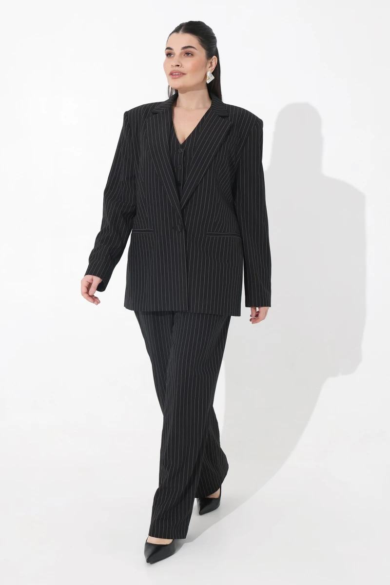 Black striped pleated trousers plus size