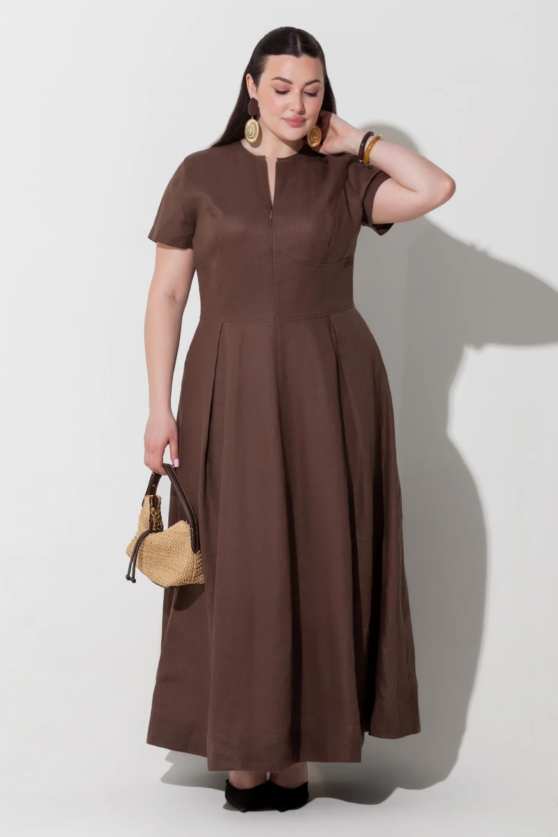 Chocolate linen maxi dress plus size