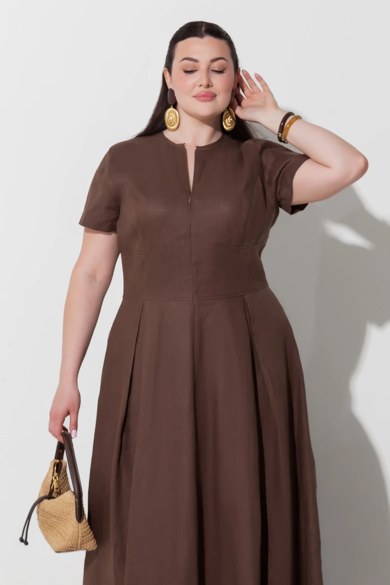 Chocolate linen maxi dress plus size #2