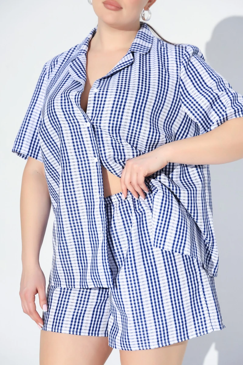Set for home shirt and shorts suit, blue checkered plus size