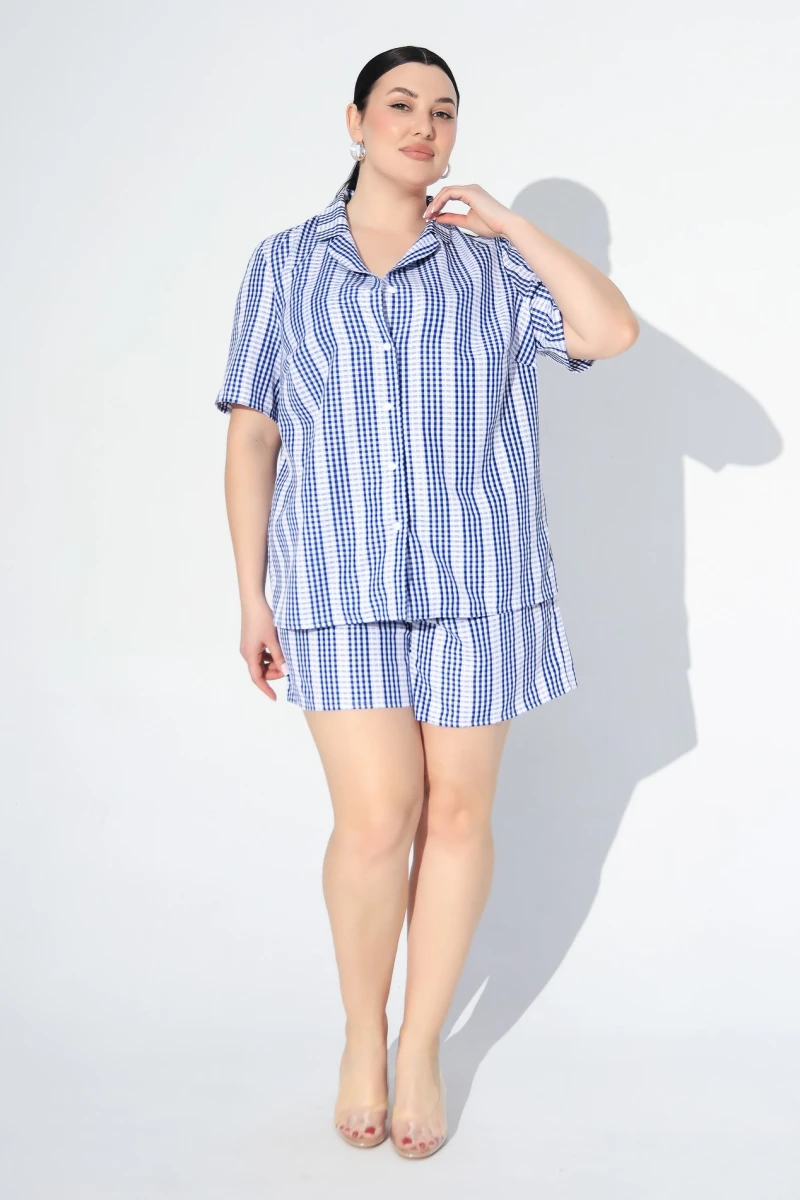 Set for home shirt and shorts suit, blue checkered plus size