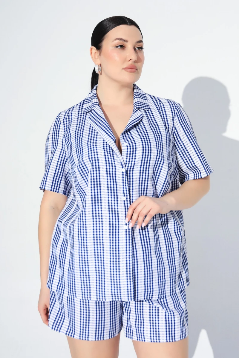 Set for home shirt and shorts suit, blue checkered plus size