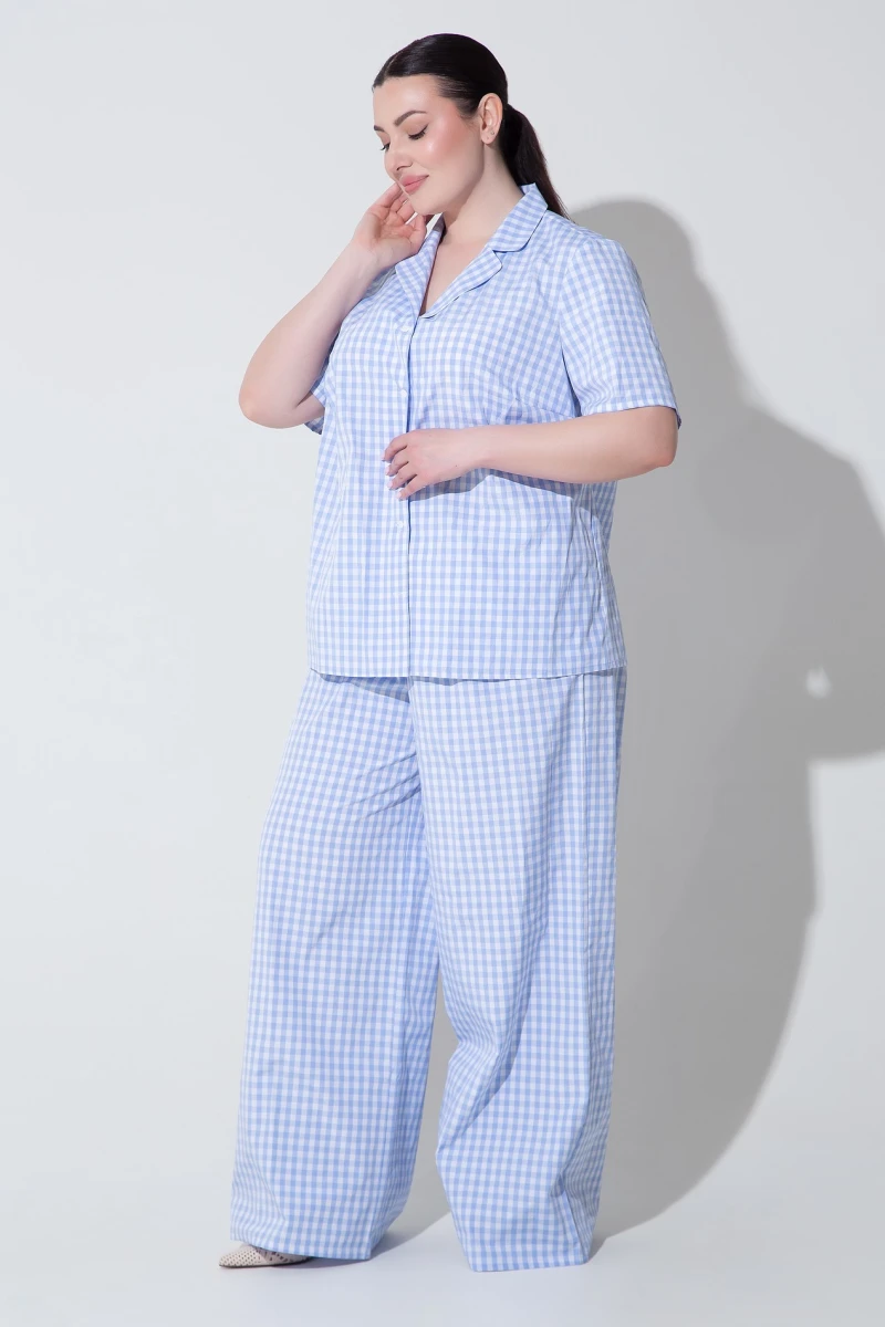 Set for home shirt and pants cotton blue checkered plus size