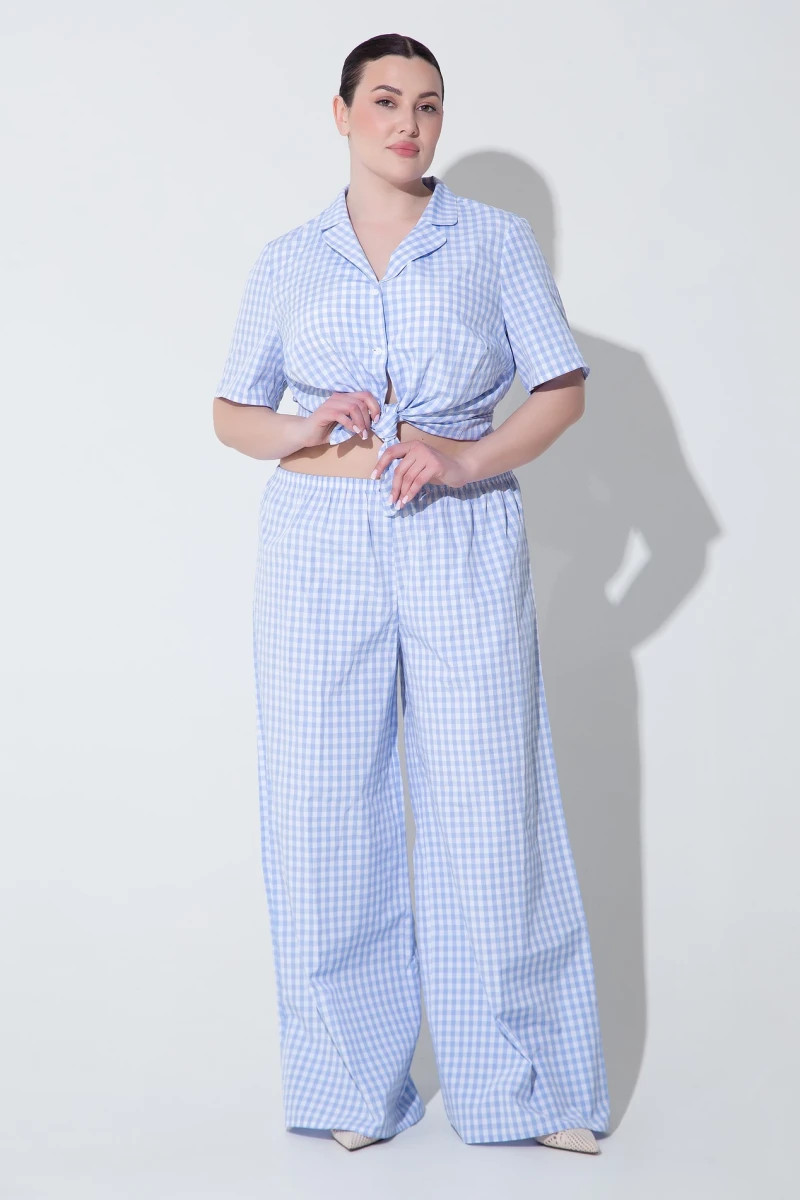 Set for home shirt and pants cotton blue checkered plus size
