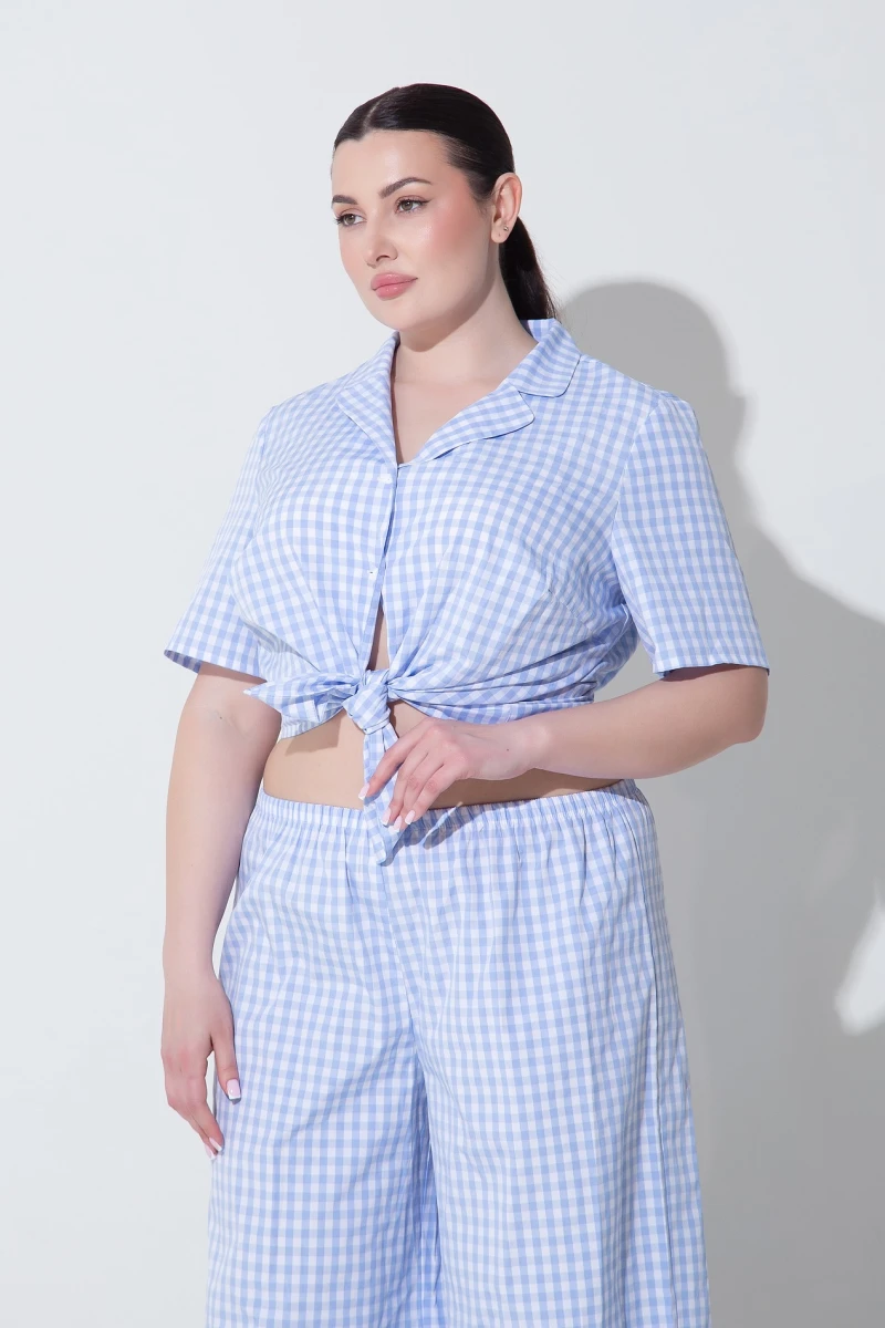 Set for home shirt and pants cotton blue checkered plus size