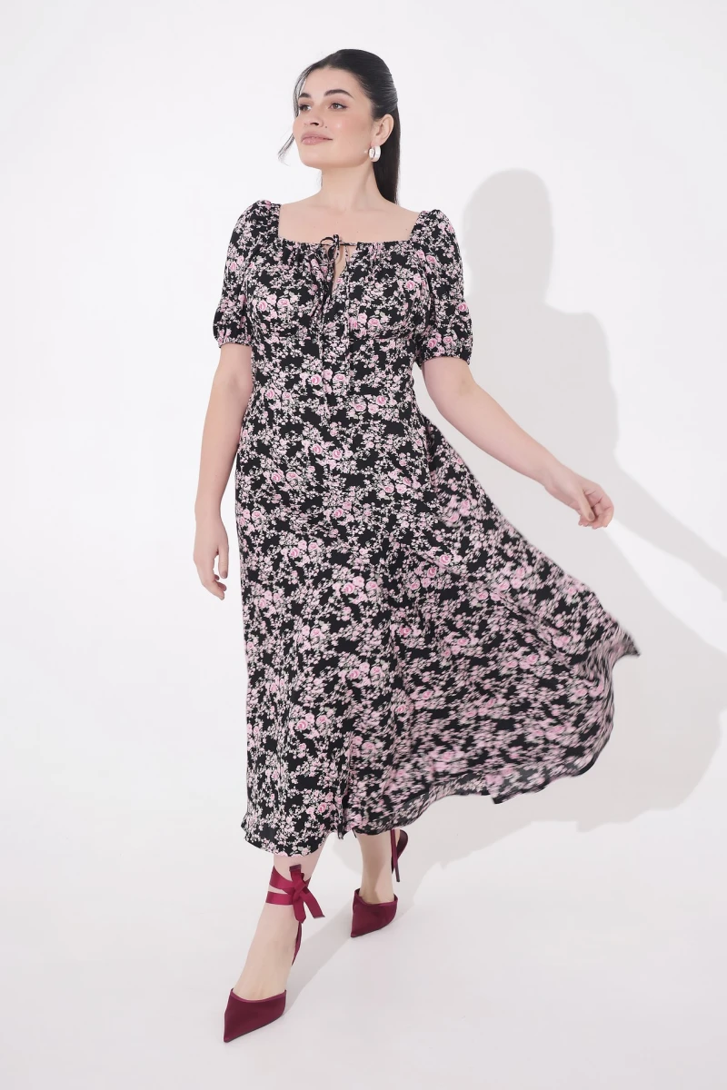 Dress with pink flowers print on black plus size