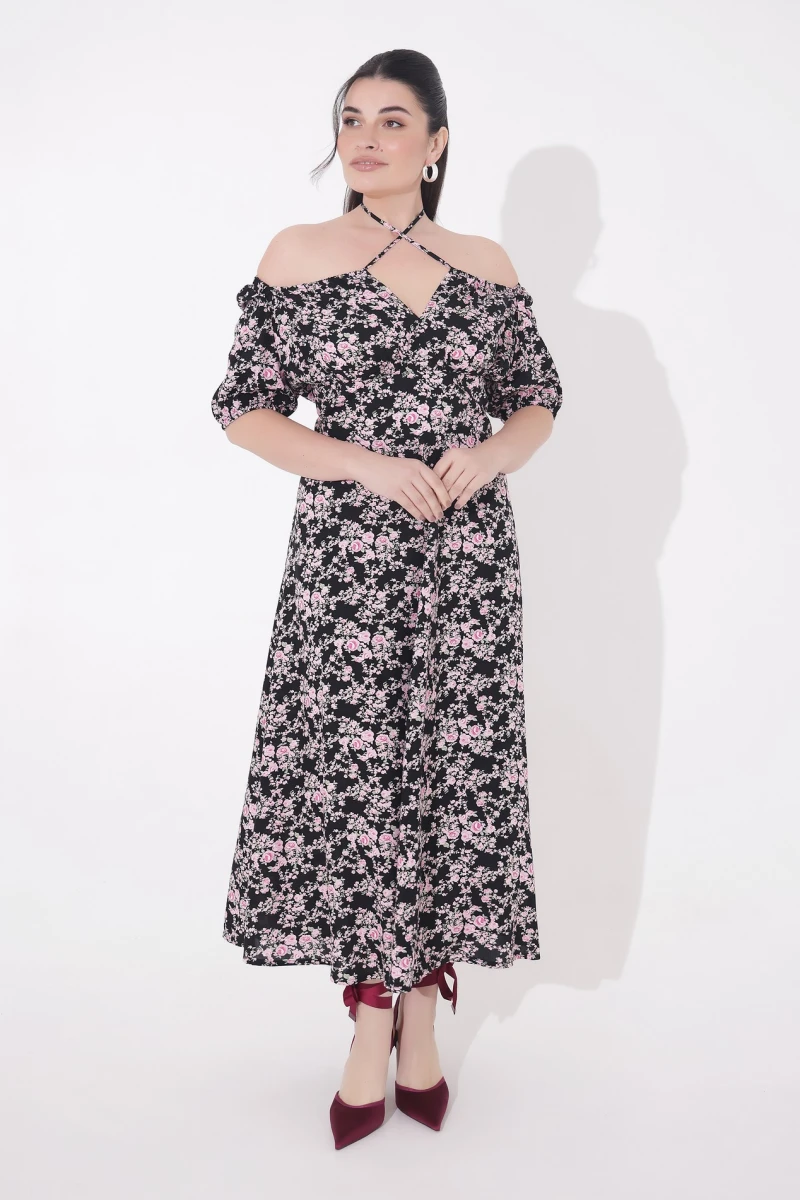 Dress with pink flowers print on black plus size