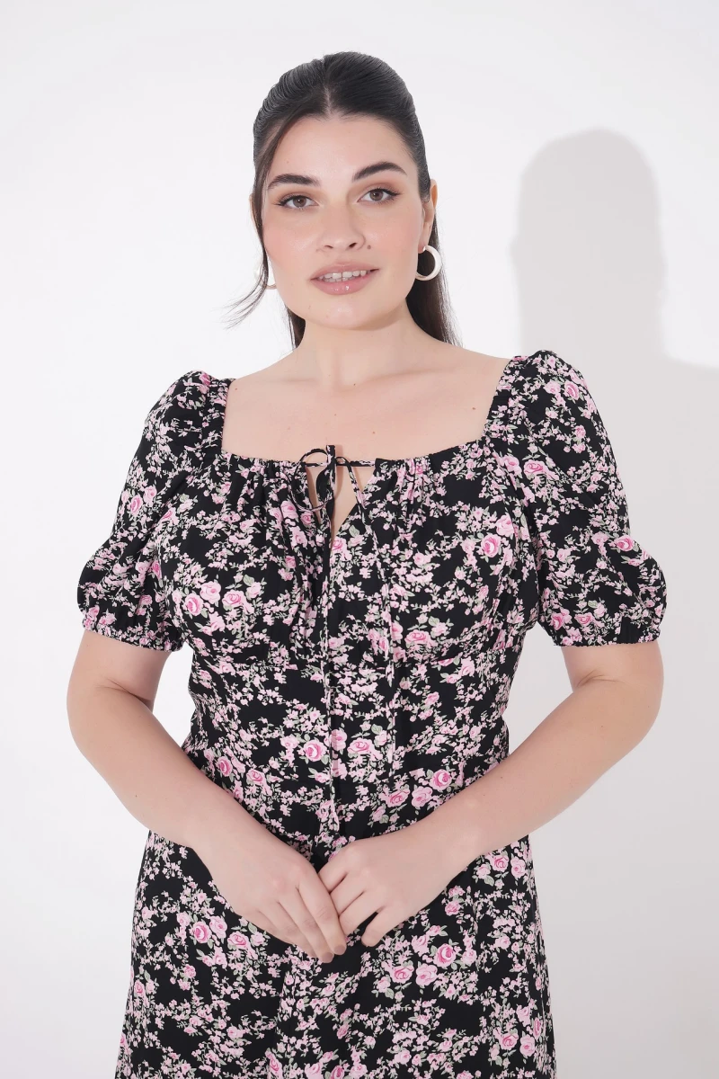 Dress with pink flowers print on black plus size