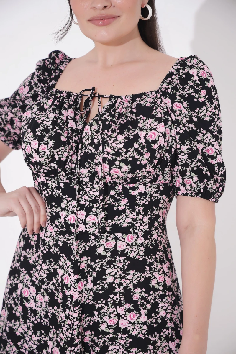 Dress with pink flowers print on black plus size