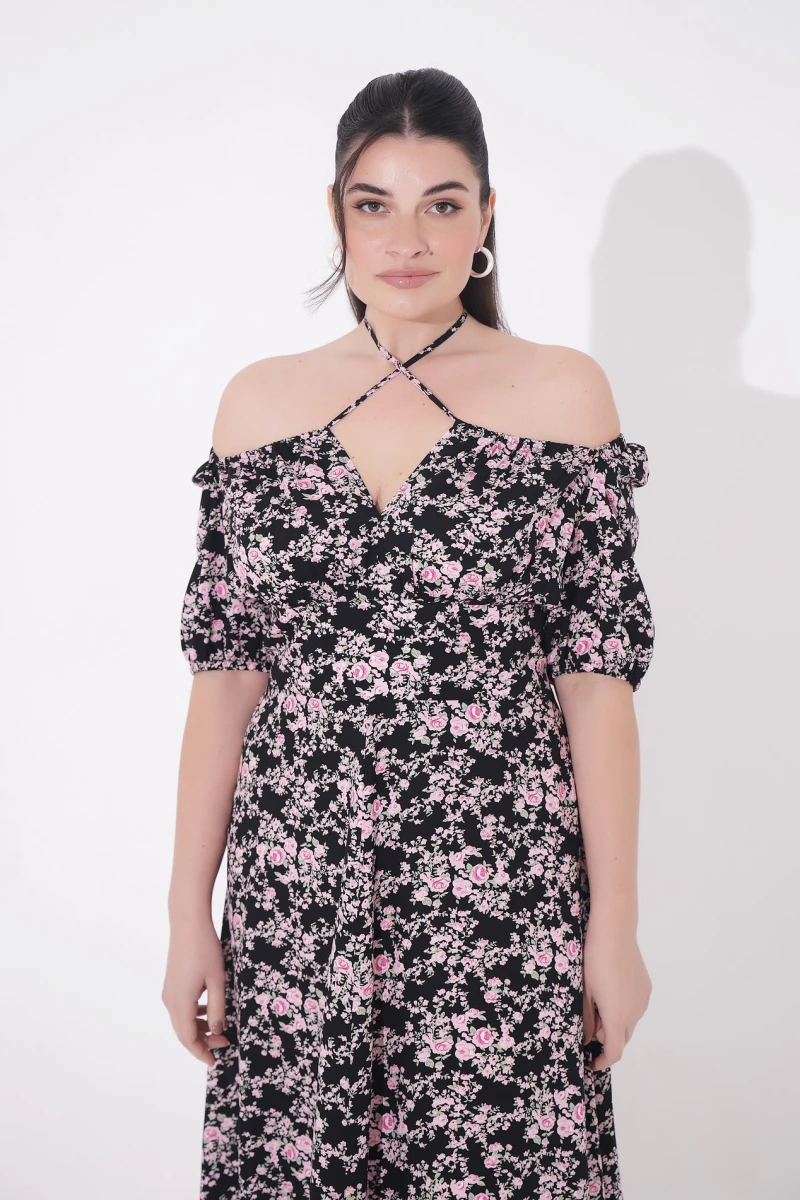 Dress with pink flowers print on black plus size