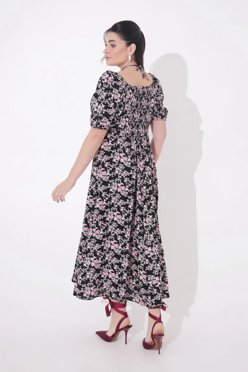 Dress with pink flowers print on black plus size