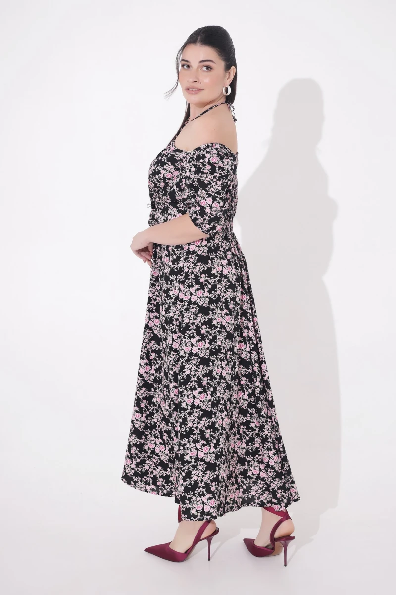 Dress with pink flowers print on black plus size