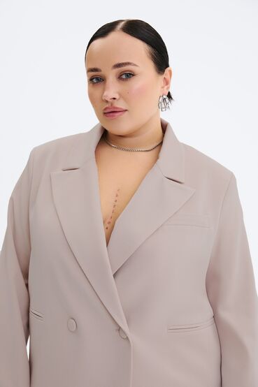 Beige short double-breasted jacket made of suiting fabric plus size