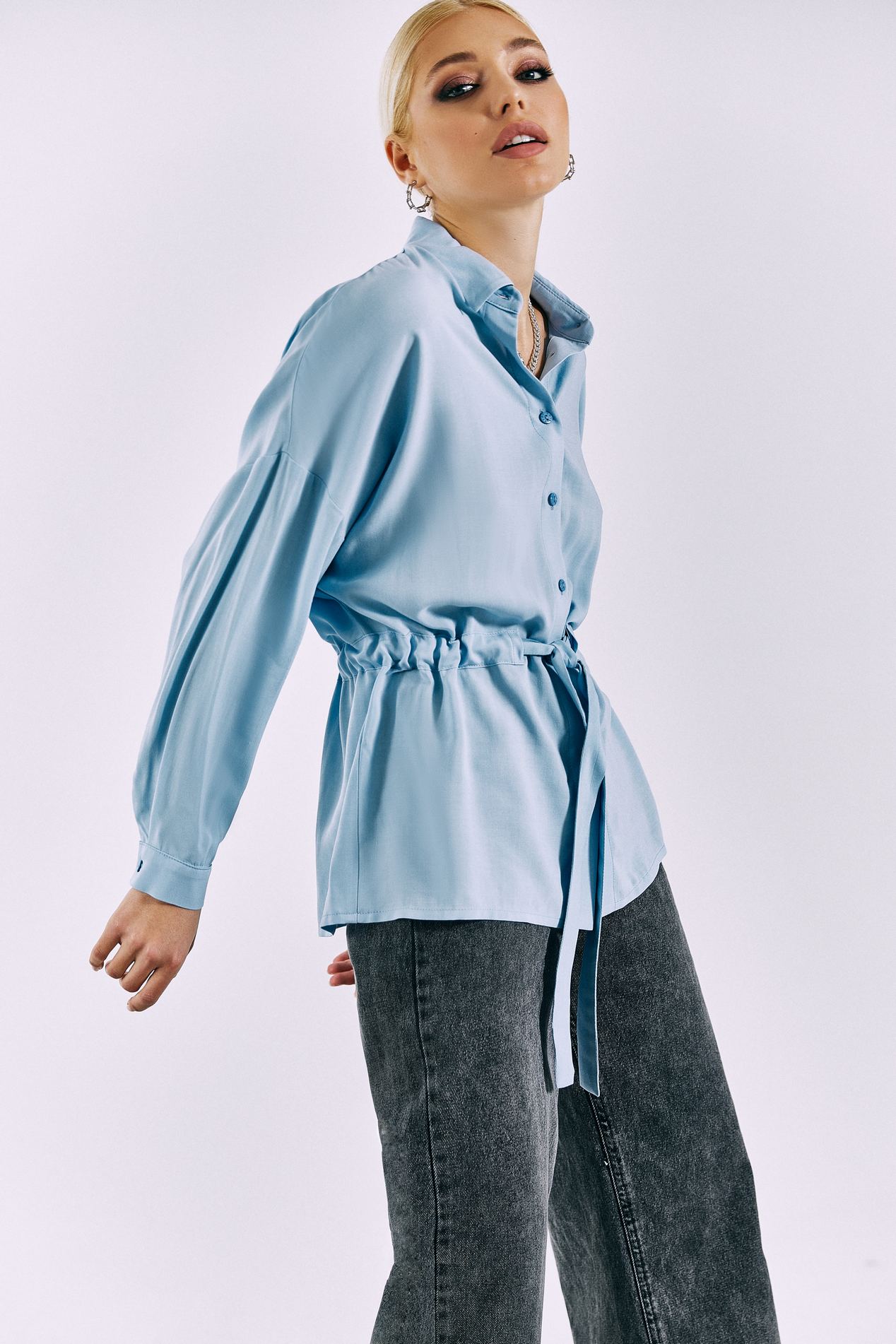 Buy Sky blue blouse with drawstring: blouse, light blue color, staple ...
