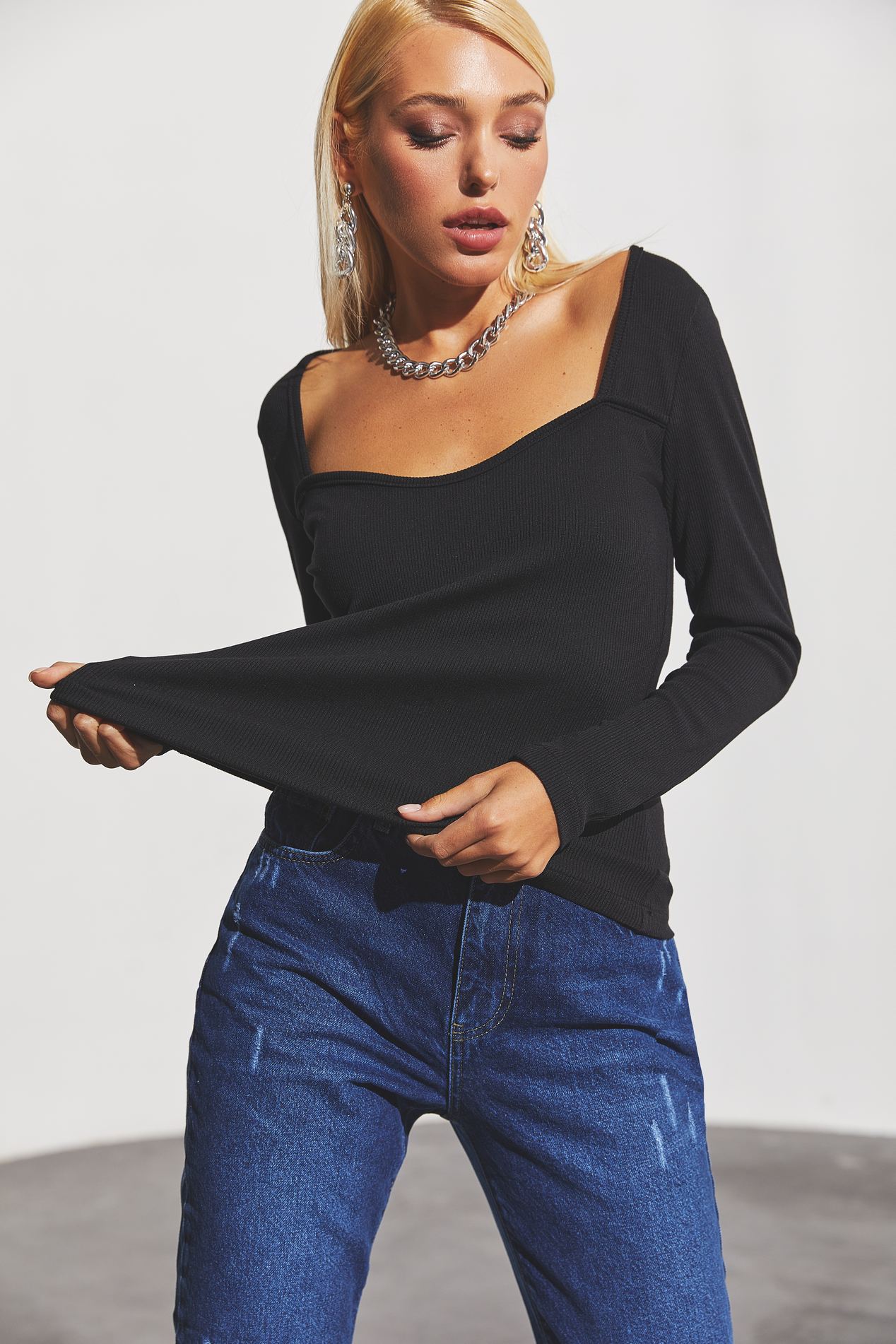 Buy Black knitted fabric top with shaped neckline: top, black color ...