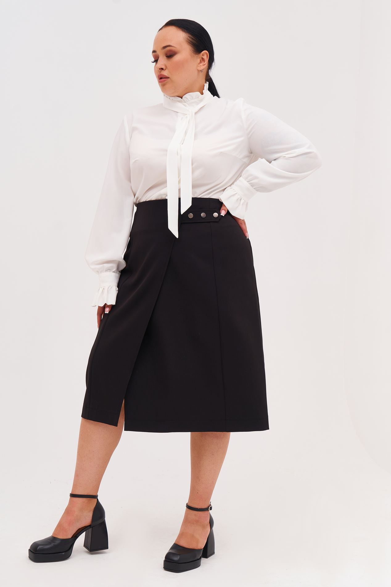 Buy Black midi wrap skirt made of suiting fabric plus size: midi, black ...