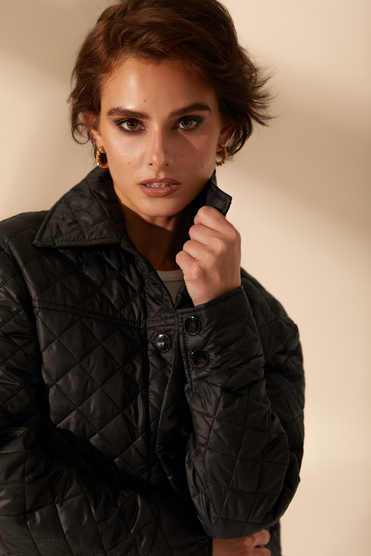 Buy Black quilted jacket with snap buttons: jacket, black color ...
