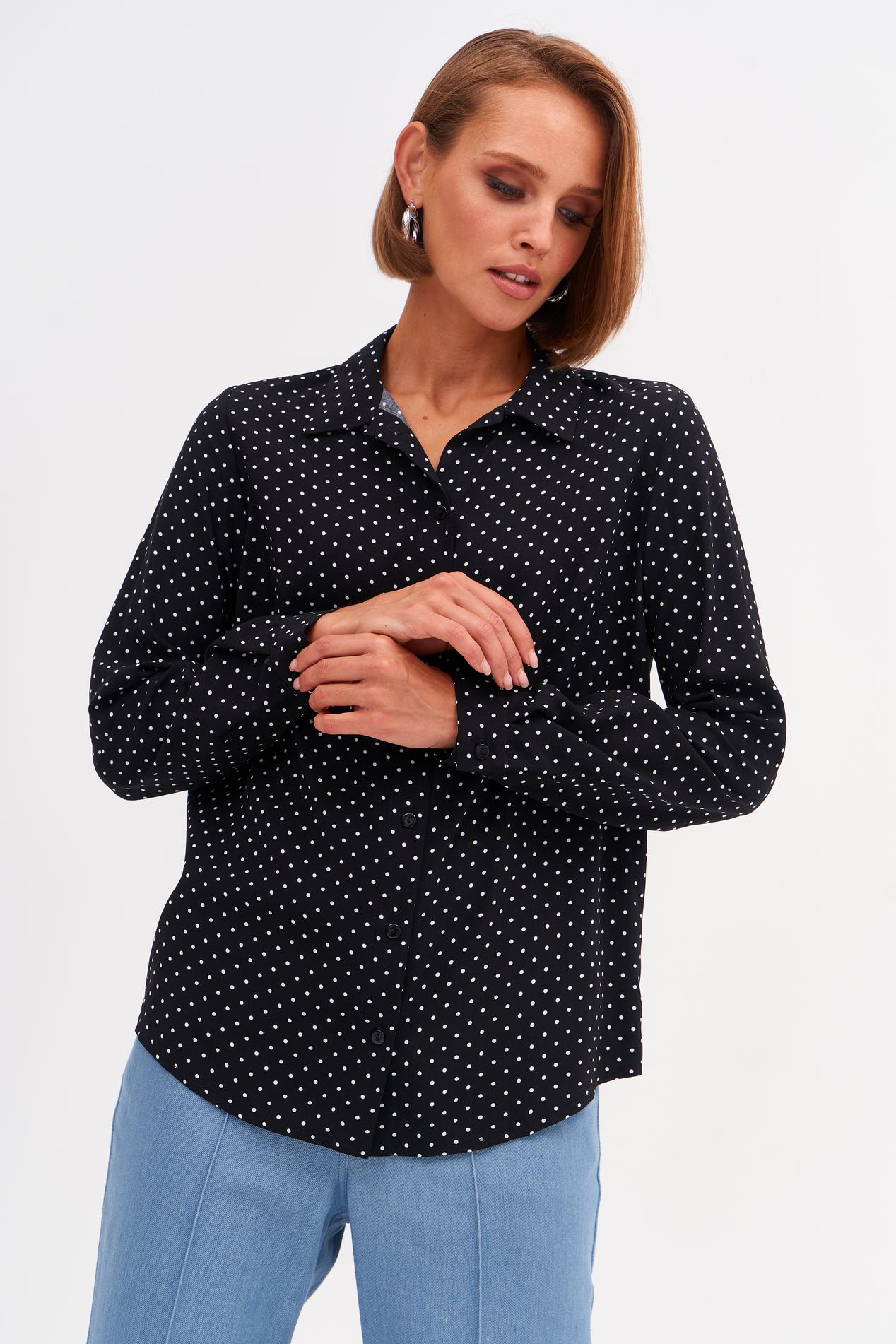 Buy Black staple cotton shirt in milky dots: shirt, black color, staple cotton fabric, casual 