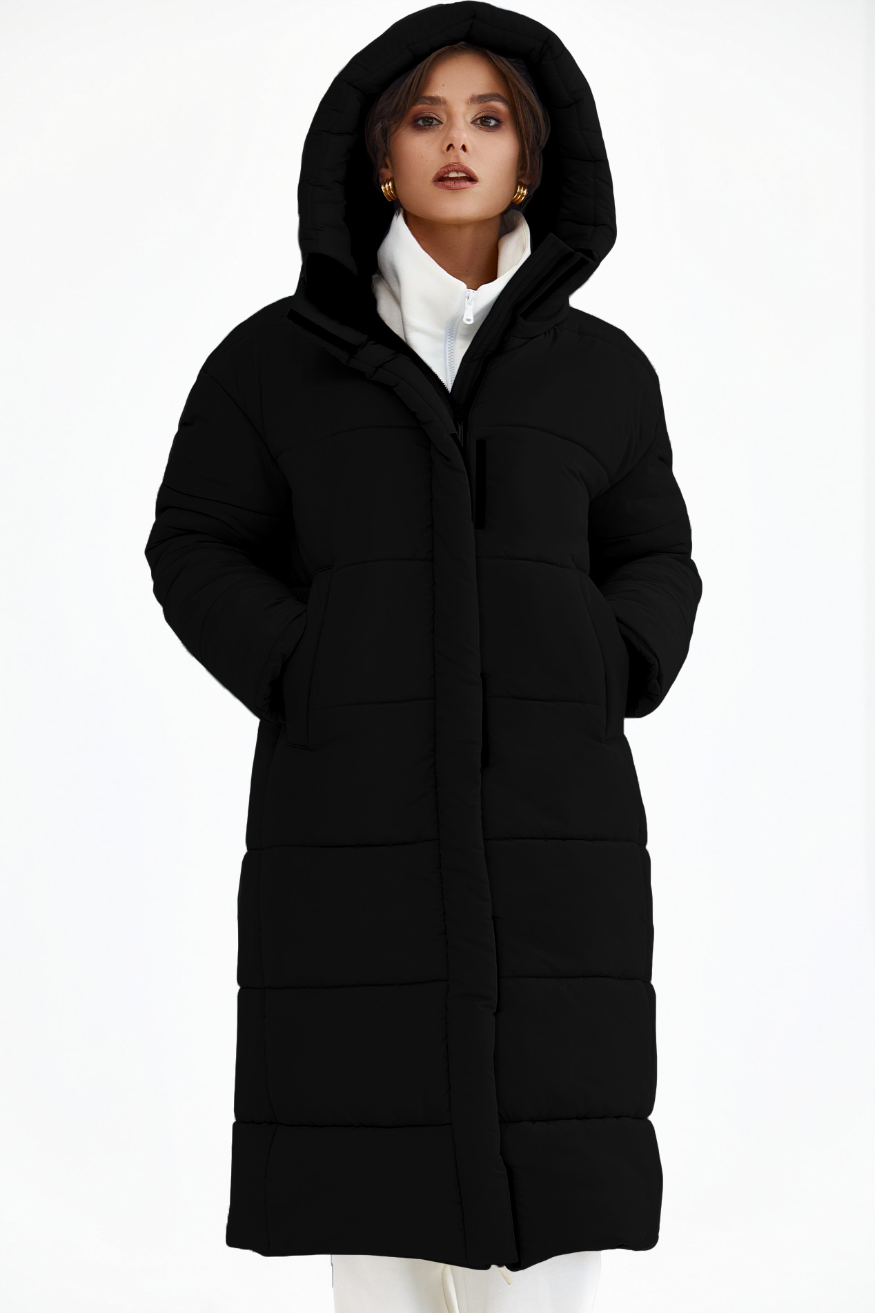 

Подовжена стьобана куртка з капюшоном чорна великий розмір, P014567