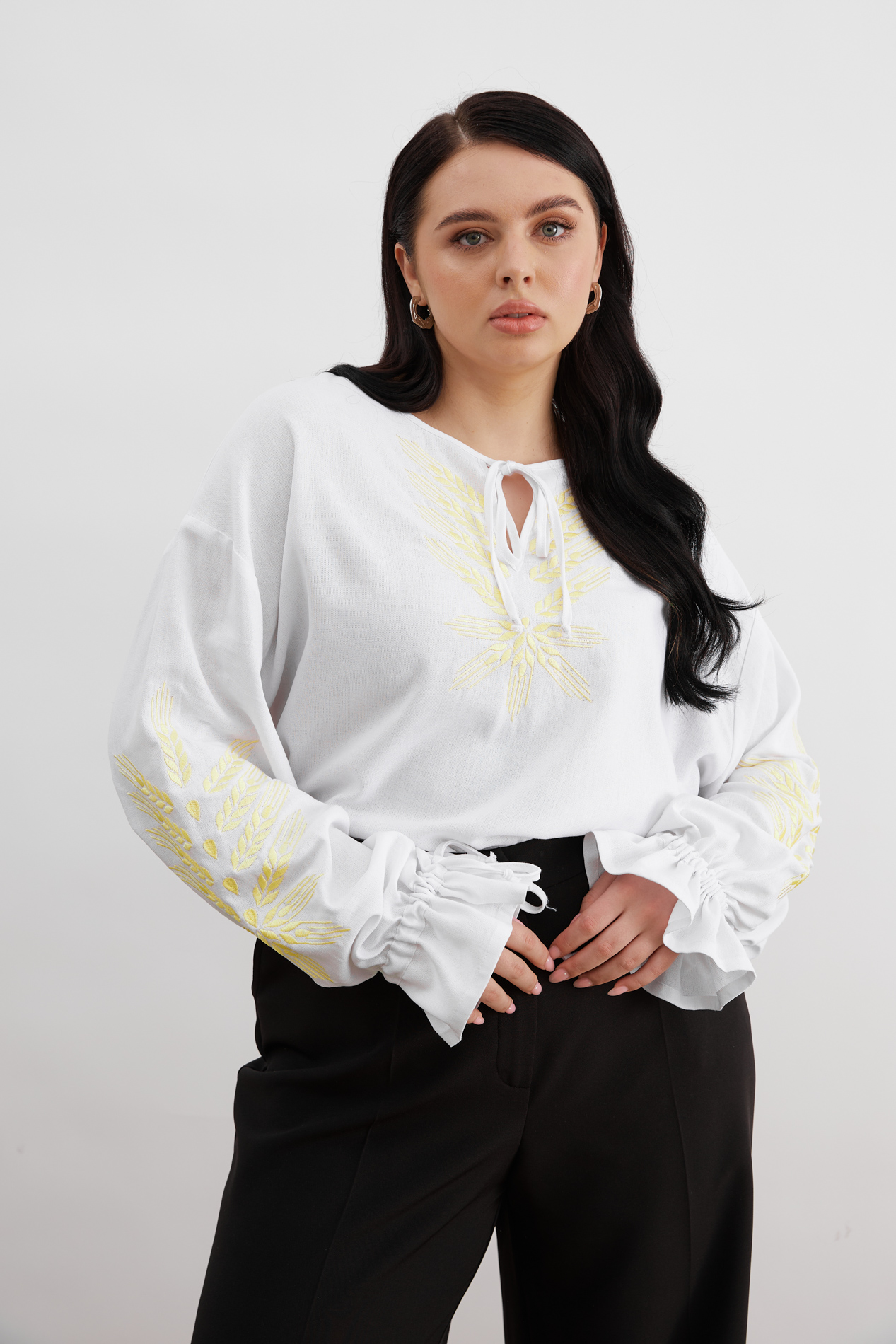 Buy Embroidered white shirt with golden designer ornament plus size: shirt,  white color, linen, casual style, buy in VOVK online store for 3190 UAH.