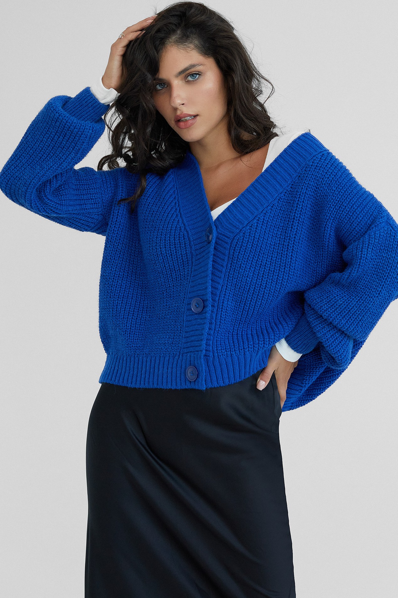 Buy Electric blue short cardigan cardigan blue color knitted fabric casual style buy in VOVK online store