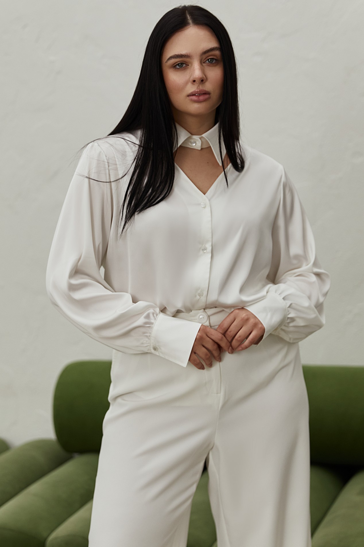 Buy Milky blouse with collar made of artificial silk plus size: blouse,  white color, artificial silk, casual style, buy in VOVK online store.
