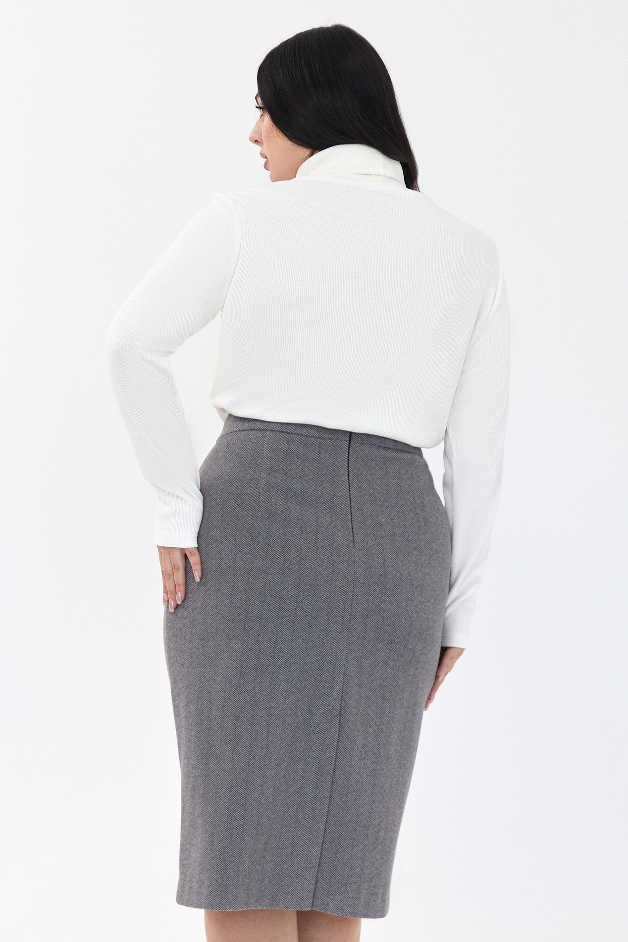 Buy Gray and black demi pencil skirt in herringbone plus size